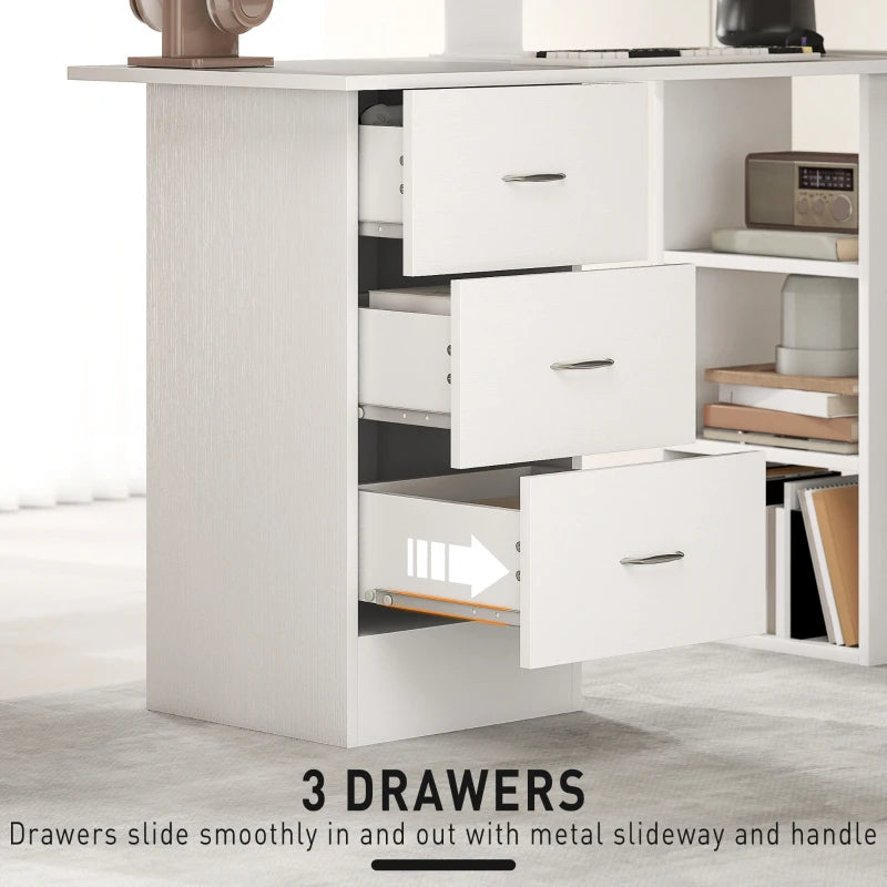 Modern White Computer Desk with 3 Storage Shelves & Drawers, Stylish Writing Table for Home Office, Silver Handle