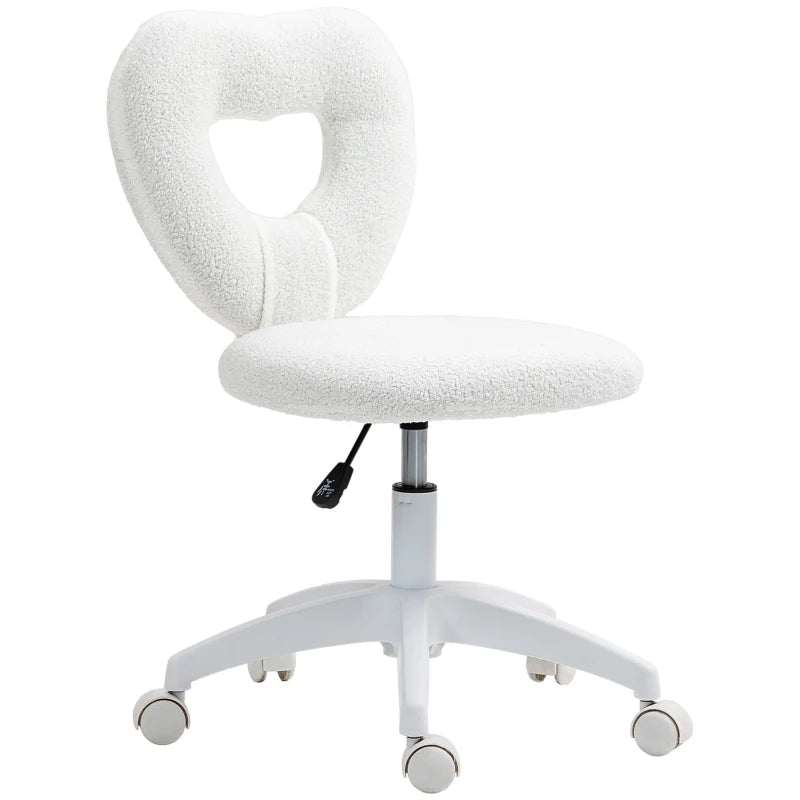 Armless Heart Computer Desk Chair - Teddy Fleece Swivel Office Chair, Adjustable Height, Wheels, Ideal for Home Study & Bedroom, White