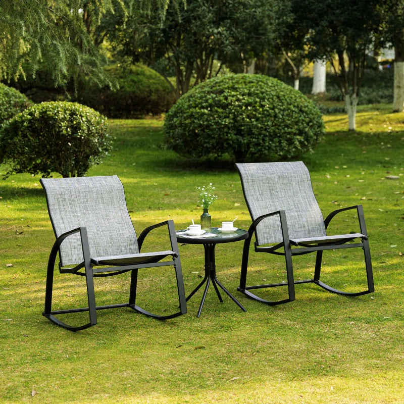 Grey Rocking Chair Bistro Set with Glass Table for Outdoor Spaces