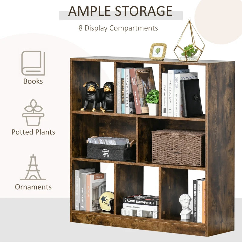 Rustic Brown 3-Tier Bookcase - Stylish Storage Shelf Unit with Open Compartments for Living Room, Bedroom, Office, 97.5 x 30 x 100 cm
