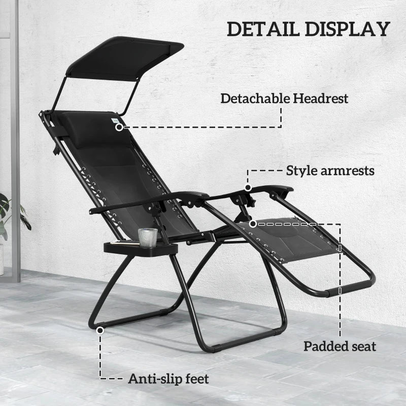 Zero Gravity Lounger Chair - Folding Reclining Patio Chair with Shade Cover, Padded Seat, Cup Holder, Soft Cushion and Headrest - Black, Large