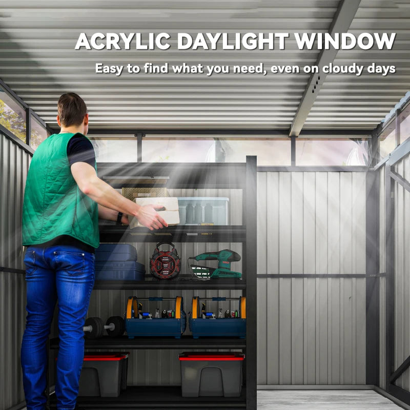 5.3 x 8.5ft Galvanized Steel Garden Shed with Windows, Lockable Door for Outdoor Storage