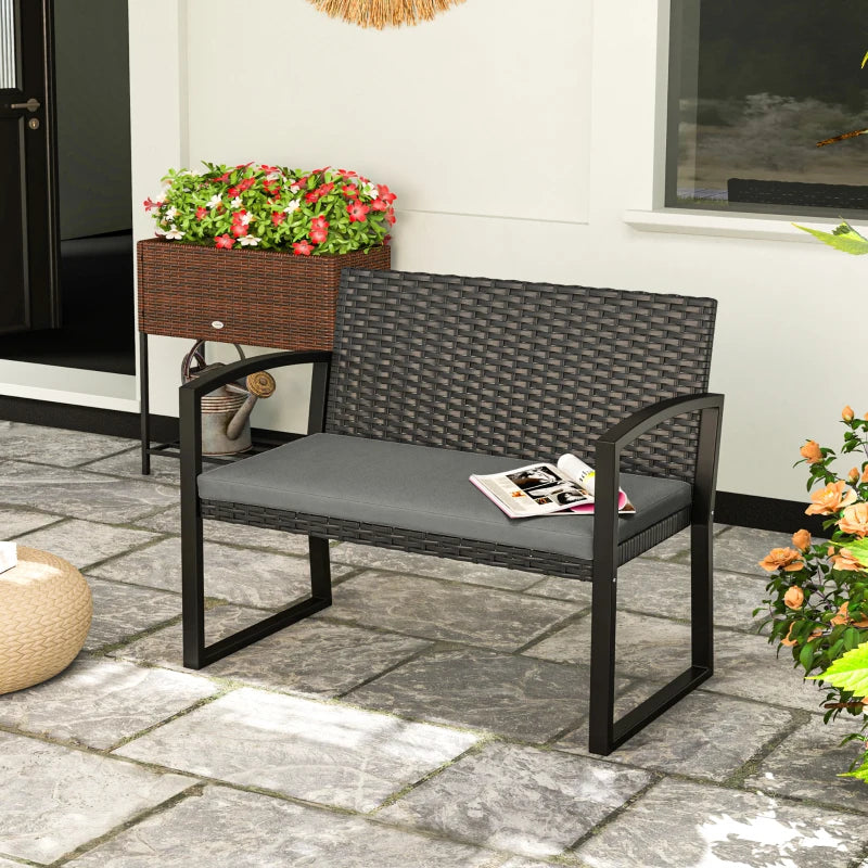 Two-Seater Rattan Garden Bench - Grey and Black Outdoor Seating