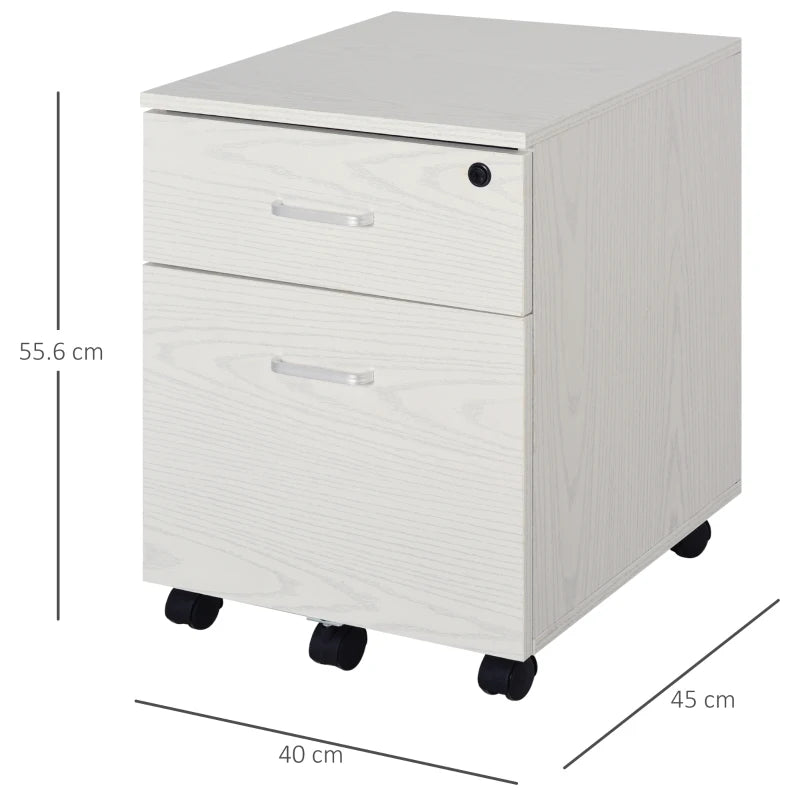 Vinsetto 2-Drawer Locking Office Filing Cabinet with Wheels - A4 Storage Cupboard for Home Organization - White Wood Grain