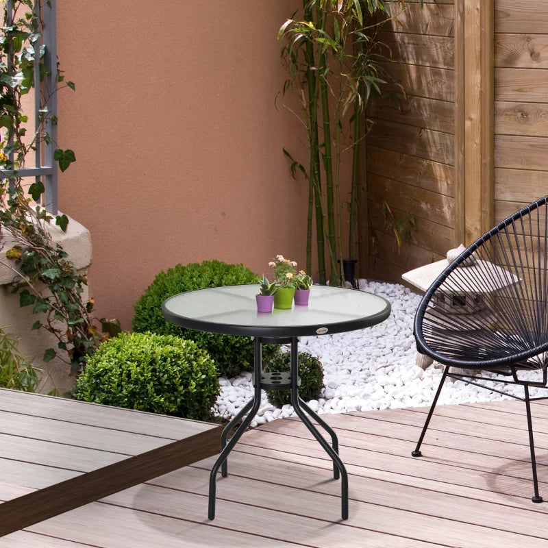 Round Outdoor Patio Table with Parasol Hole - 80cm, Tempered Glass Top, Black