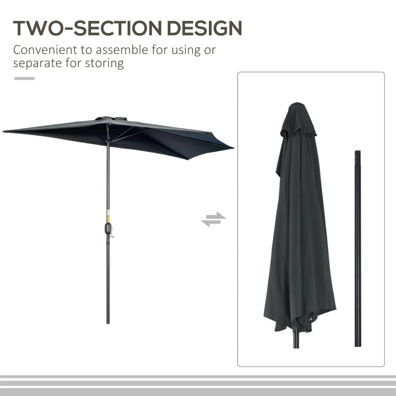 Black 3m Half Round Patio Umbrella with Crank Handle - No Base
