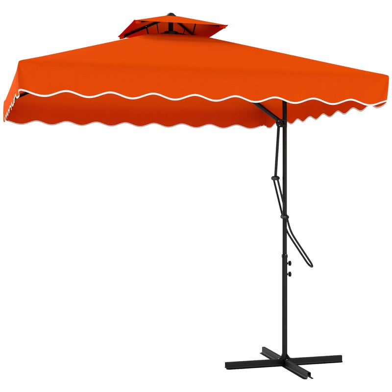 2.5m Cantilever Parasol Umbrella with Easy Lever, Square Double Top, Ruffled Outdoor Sun Shade - Orange