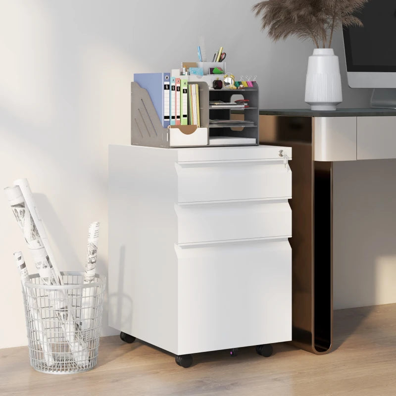 Vinsetto Mobile 3-Drawer Filing Cabinet with Lock - Steel Under Desk Storage for A4, Legal & Letter Size - White