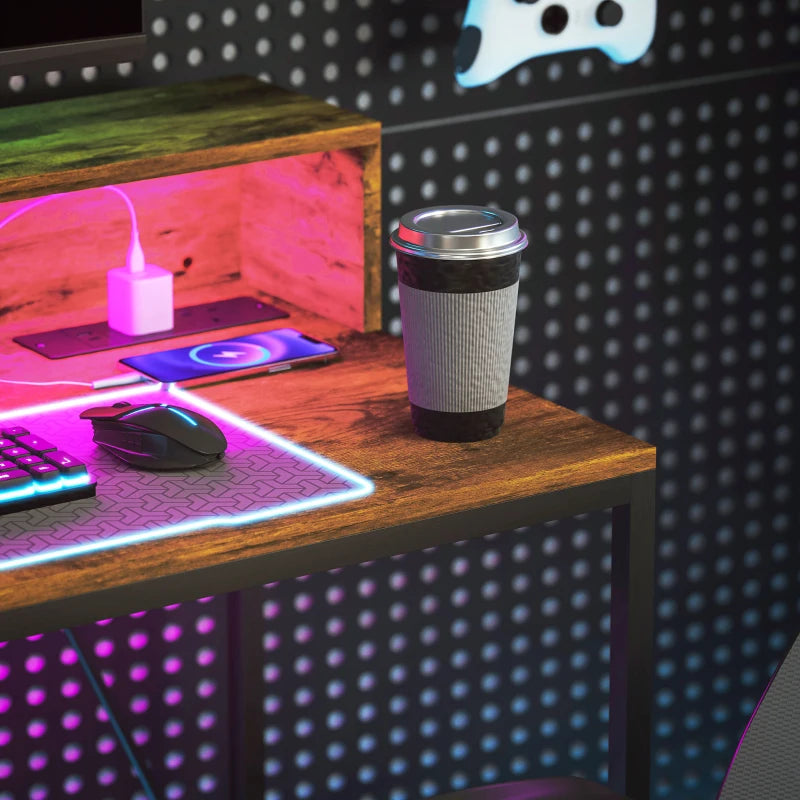 100cm Rustic Brown Computer Desk with LED Lights & Power Outlets, Gaming Table with Monitor Stand & Remote for Home Office