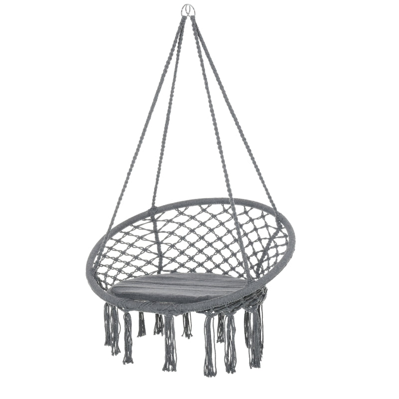 Grey Macrame Hanging Rope Chair with Cushion for Outdoor Patio