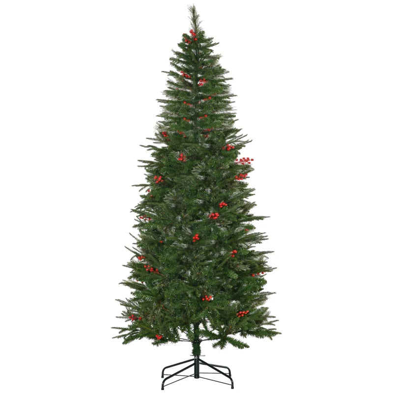 7ft Realistic Green Pencil Christmas Tree with Red Berries, Auto Open Feature - Perfect Holiday Decor