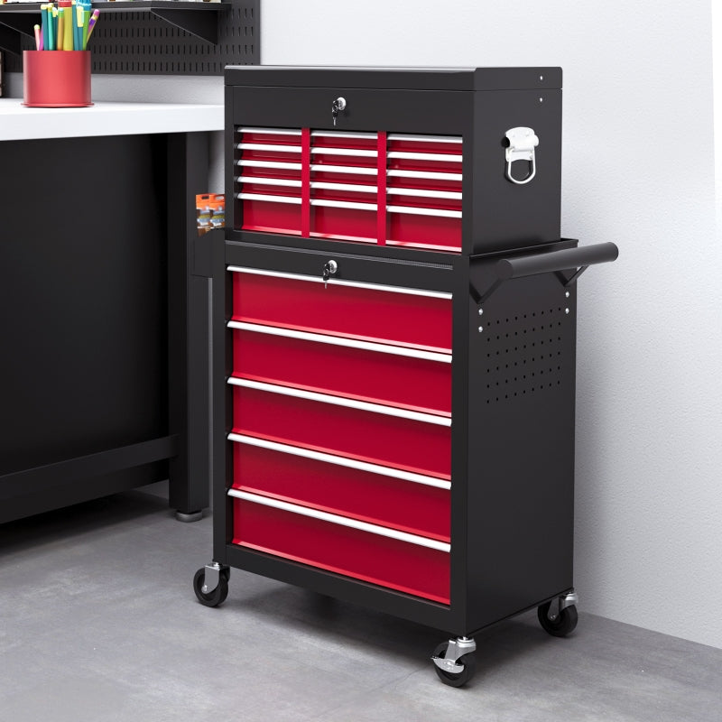 Large Tall Tool Storage Chest on Wheels -  14 Slide-Out Drawers - 2 Parts - Red & Black