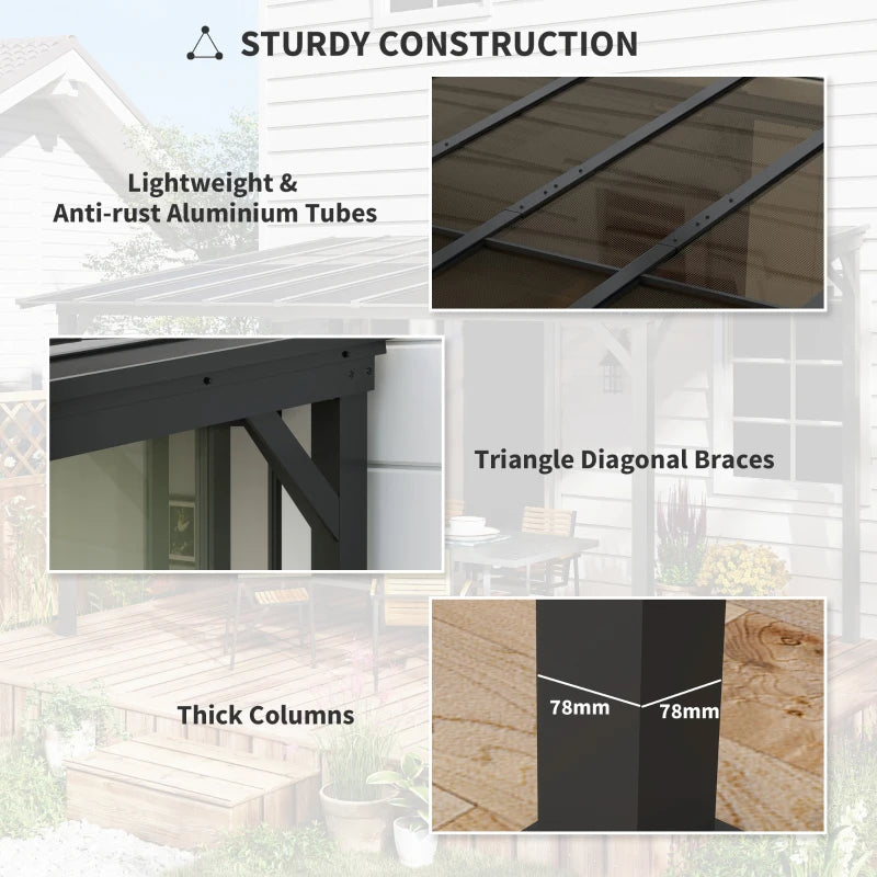 3x3m Dark Grey Metal Pergola with UPF 50+ Waterproof Polycarbonate Roof - Wall-Mounted or Free Standing Garden Gazebo, Wind-Resistant Outdoor Sun Shade