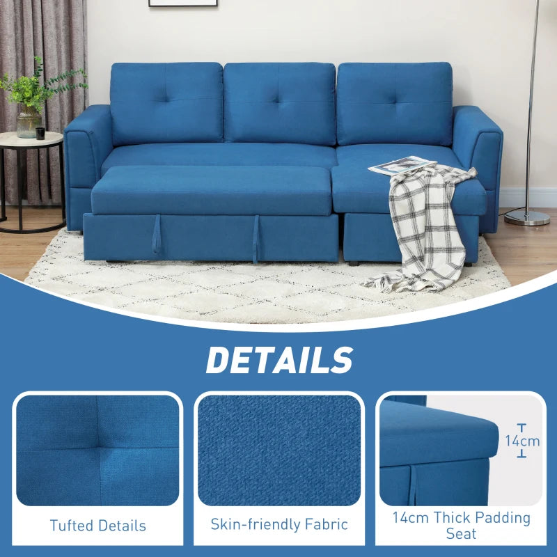 L-Shaped 3-Seater Sofa Bed with Storage – Convertible Click Clack Futon for Living Room, Dark Blue