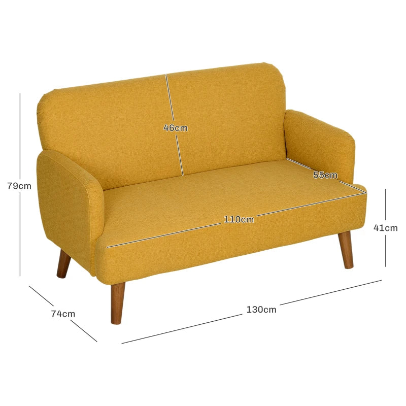 Velvet Feel Fabric 2-Seater Loveseat Sofa with Thick Padding and Wooden Legs in Yellow