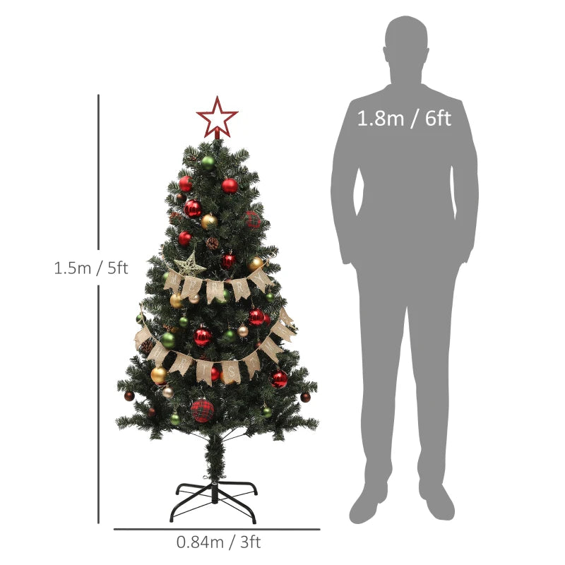 5ft Pre-Lit Christmas Tree with Red and Warm White Decorations - Festive Green Holiday Decor for Home