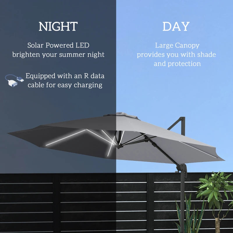 Adjustable Light Grey Cantilever Parasol with Solar LED Lights