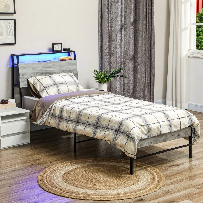 Modern Grey Single Steel Bed Frame with LED Lights & Headboard Shelf - Stylish & Functional Bedroom Furniture
