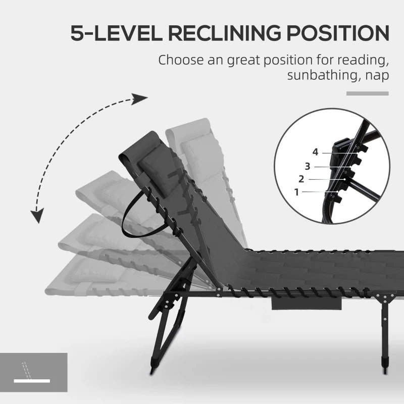 Adjustable Padded Sun Lounger Chair - Five-Position Recline, Outdoor Black Lounge Furniture