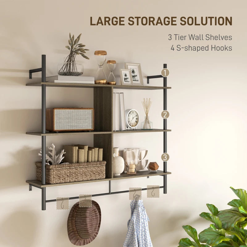 Three-Tier Floating Shelf - Stylish Grey Wood Effect Wall Storage for Home Decor and Organization