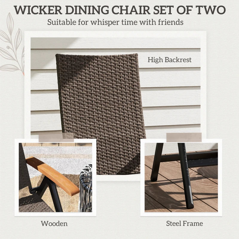 2 Piece Folding Rattan Garden Dining Chairs with Reclining High Back and Wood Armrests