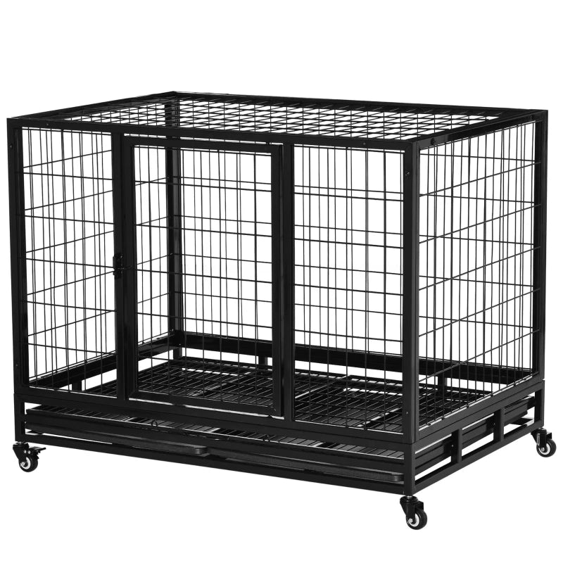 43" Heavy Duty Metal Dog Crate with Tray & Wheels - Large Black Pet Kennel for Dogs