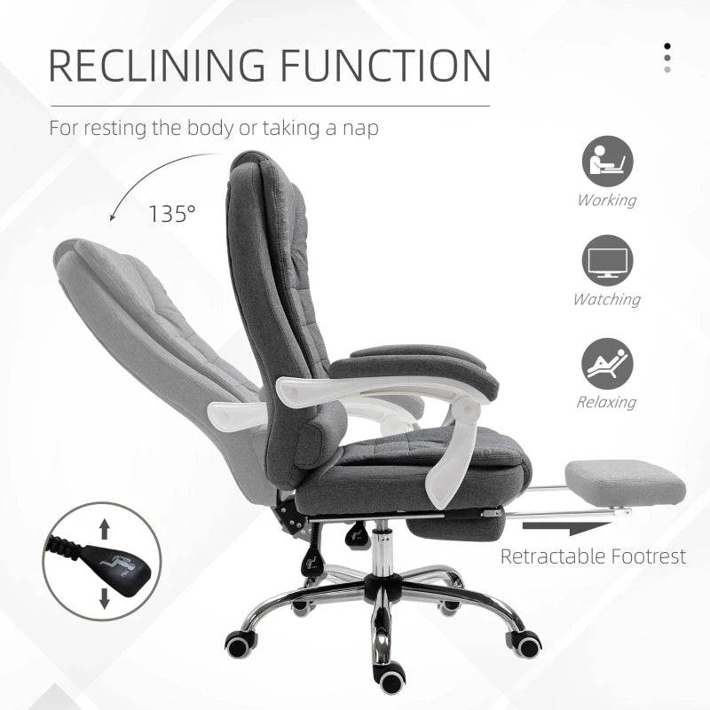 Vinsetto Grey Office Chair - Linen Fabric Swivel Desk Chair with Padded Cushion, 135° Recline & Retractable Footrest