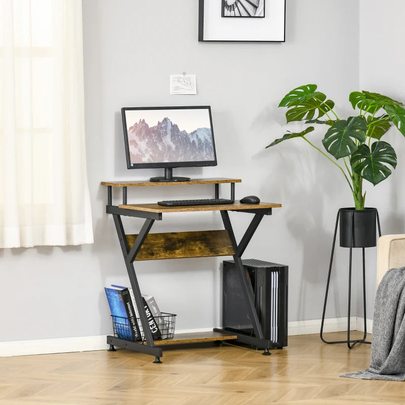 Industrial Computer Desk with Monitor Stand - 70x60cm Compact Home Office Desk for Small Spaces - Rustic Brown Finish