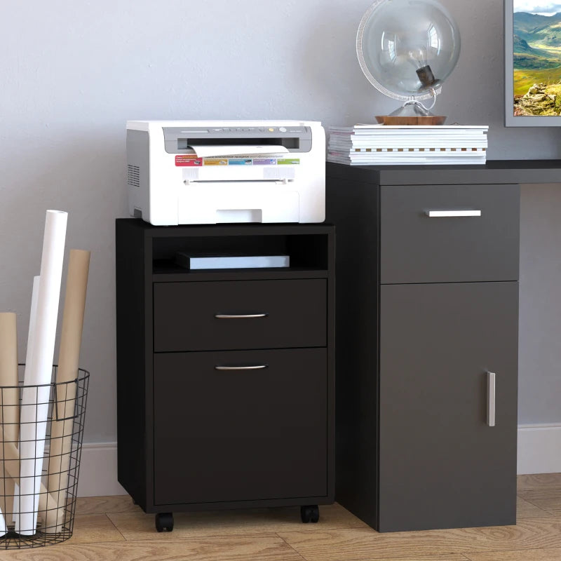 60cm Mobile Filing Cabinet with Drawer & Open Shelf, 4 Wheels, Metal Handles - Black Office Home Organizer for Printers