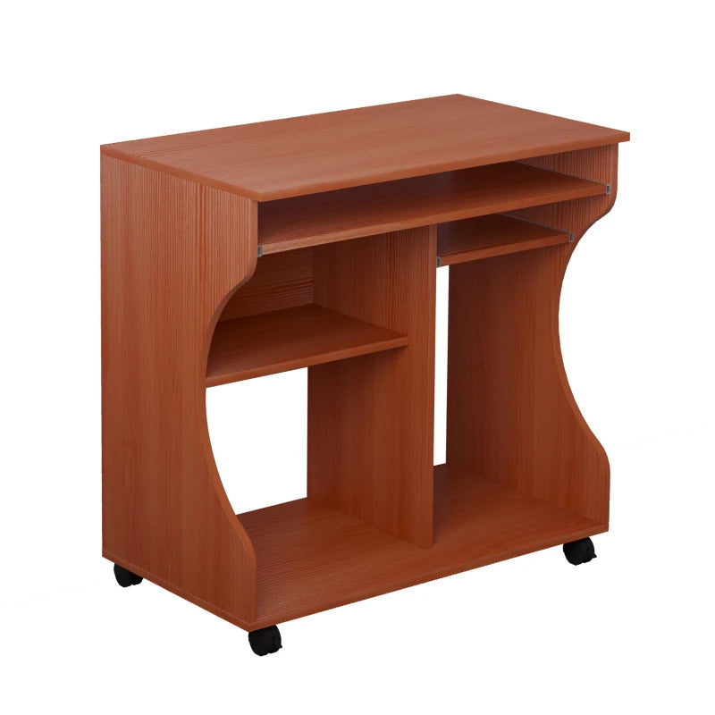 Multi-Storage Compact Work Desk on Wheels - Cherry Wood Finish, Space-Saving Home Office Furniture