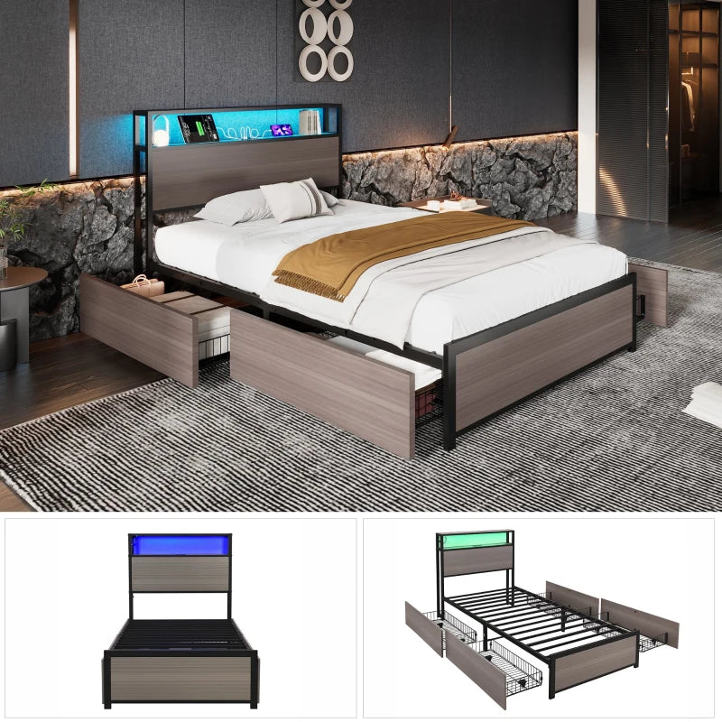 Metal Single Bed with LED Light Strip, 4 Drawers & 3 USB Ports - Stylish Grey Bedroom Furniture, 207x90.5x105 cm