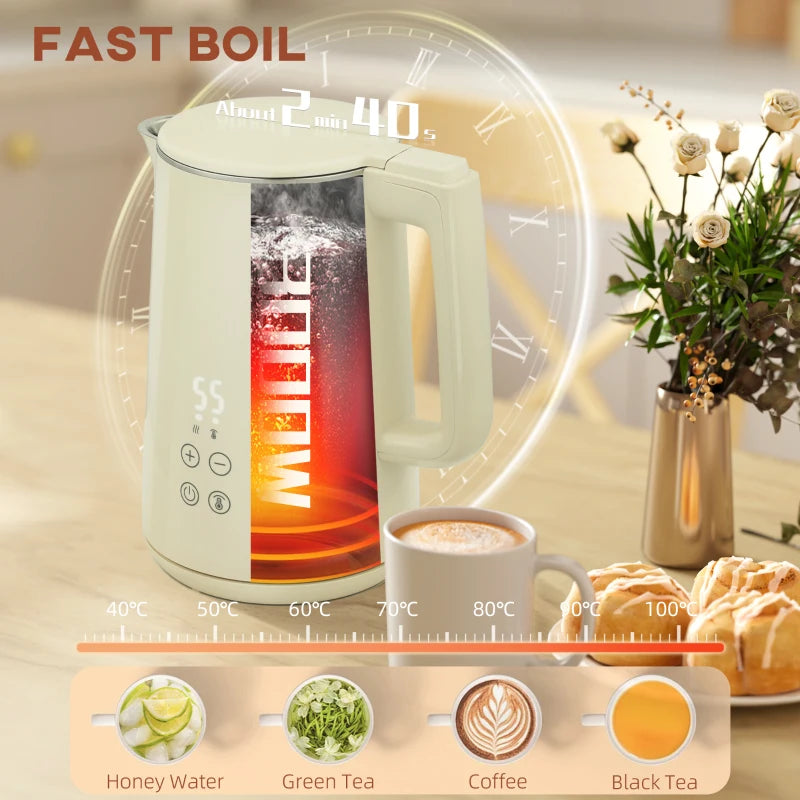 Digital Stainless Steel Kettle & Toaster Set - 1.5L Fast Boil 3000W Kettle, 2 Slice Toaster with 7 Browning Levels, Beige