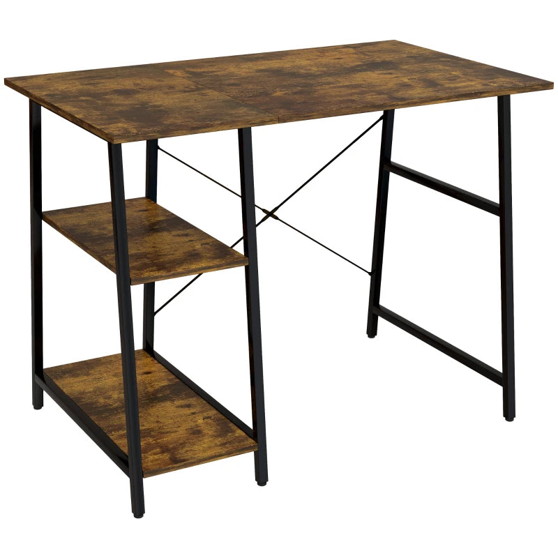 100cm Industrial Computer Desk with Storage - Rustic Brown Home Office Table, 2 Tier Shelves & Steel Frame for Study Room