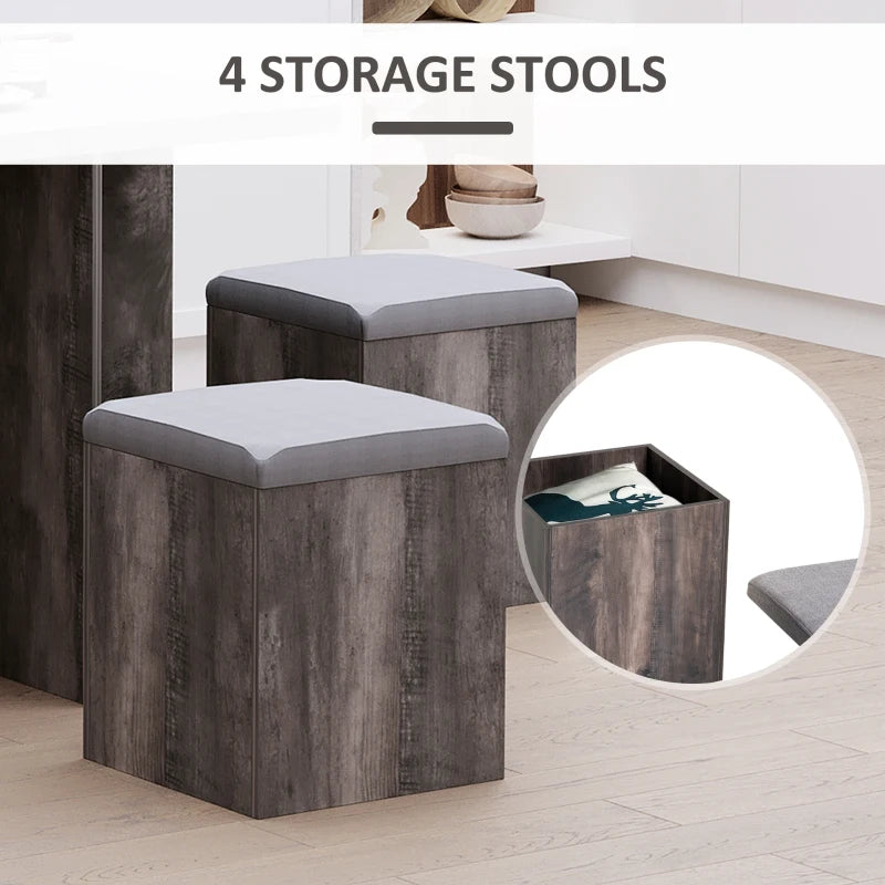 5PC Wooden Dining Set for Garden & Patio - Space Saving Design with 4 Storage Stools, Footrest Ottoman & Cushions