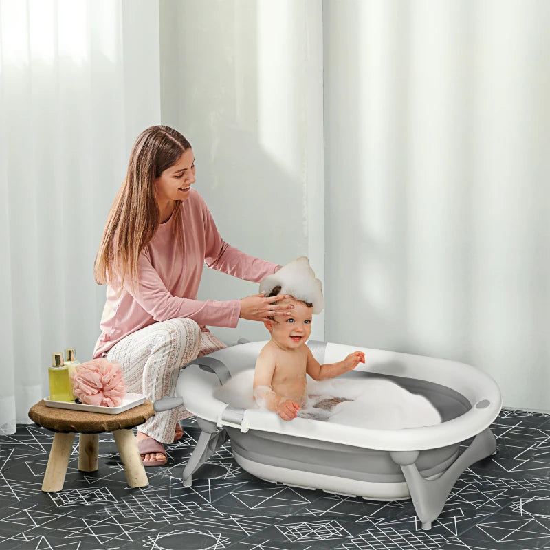 Collapsible Baby Bathtub Set with Thermostatic Water Plug Non-Slip Cushion Pad for Infants