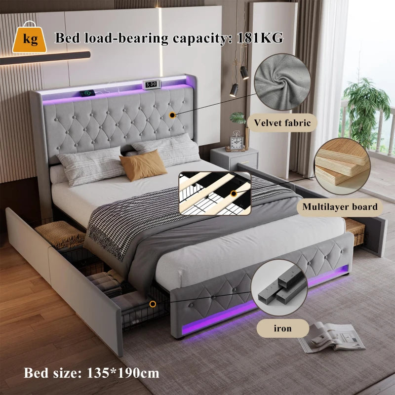 4ft6 Upholstered Double Bed with Velvet Headboard, 4 Storage Drawers, LED Lights & Charging Socket - Grey, 206L x 143W x 115H cm