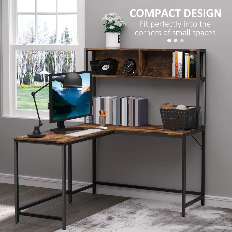 Industrial L-Shaped Desk with Bookshelf - Corner Computer Writing Table, Steel Frame, 140x125cm, Brown for Home Office & Study