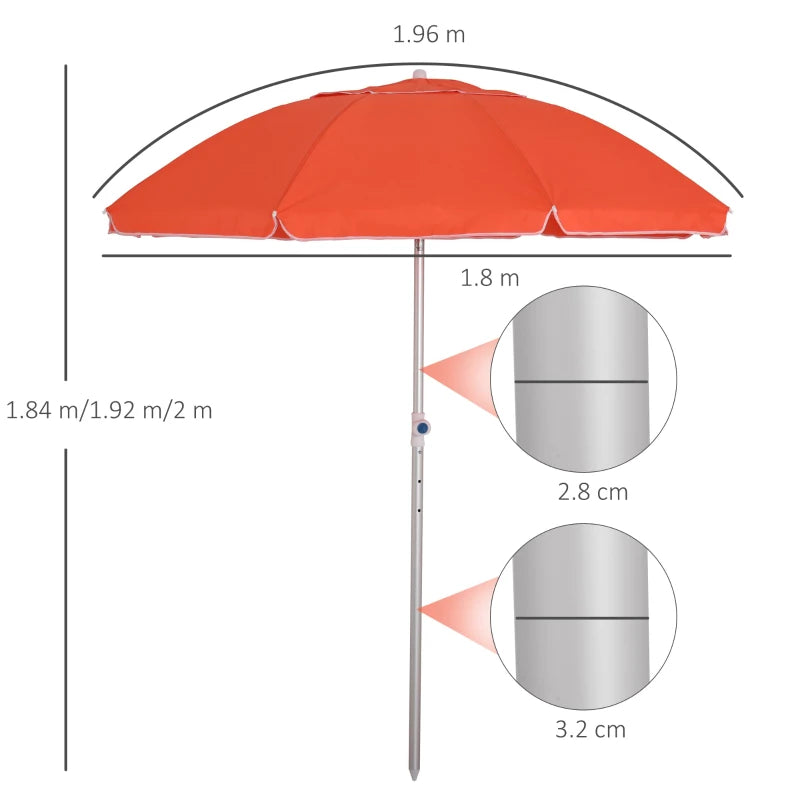 Orange Beach Umbrella with Tilt and Adjustable Height, Portable Sunshade Shelter