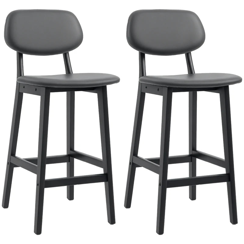 Set of 2 Dark Grey Bar Stools - PU Leather Kitchen Chairs with Backs & Footrests, Solid Wood Legs