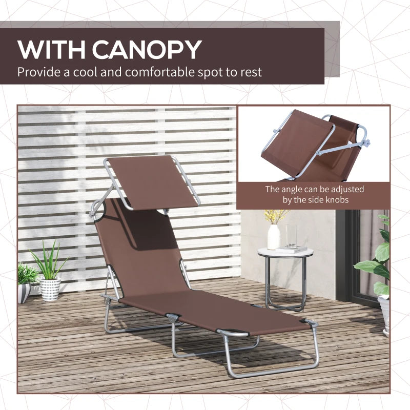 Brown Foldable Sun Lounger Set with Adjustable Backrest and Sun Shade Awning
