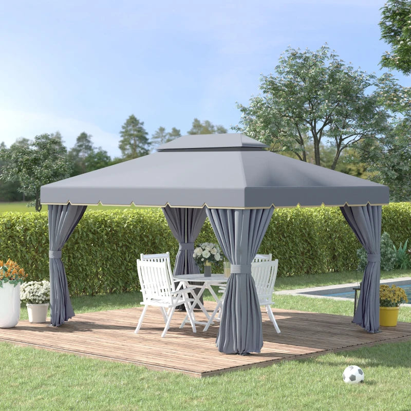 Aluminium 3x4m Garden Gazebo Canopy Shelter with Nets and Curtains for Outdoor Parties Grey