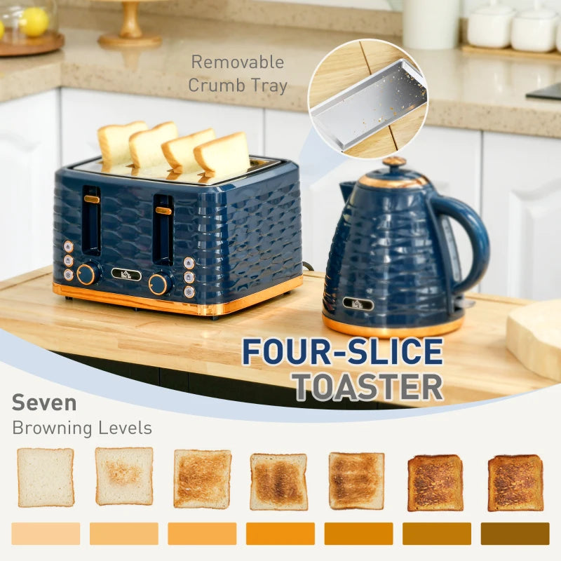 3000W 1.7L Rapid Boil Kettle & 4 Slice Toaster Set - Blue, 7 Browning Controls, Crumb Tray, Perfect Kitchen Duo