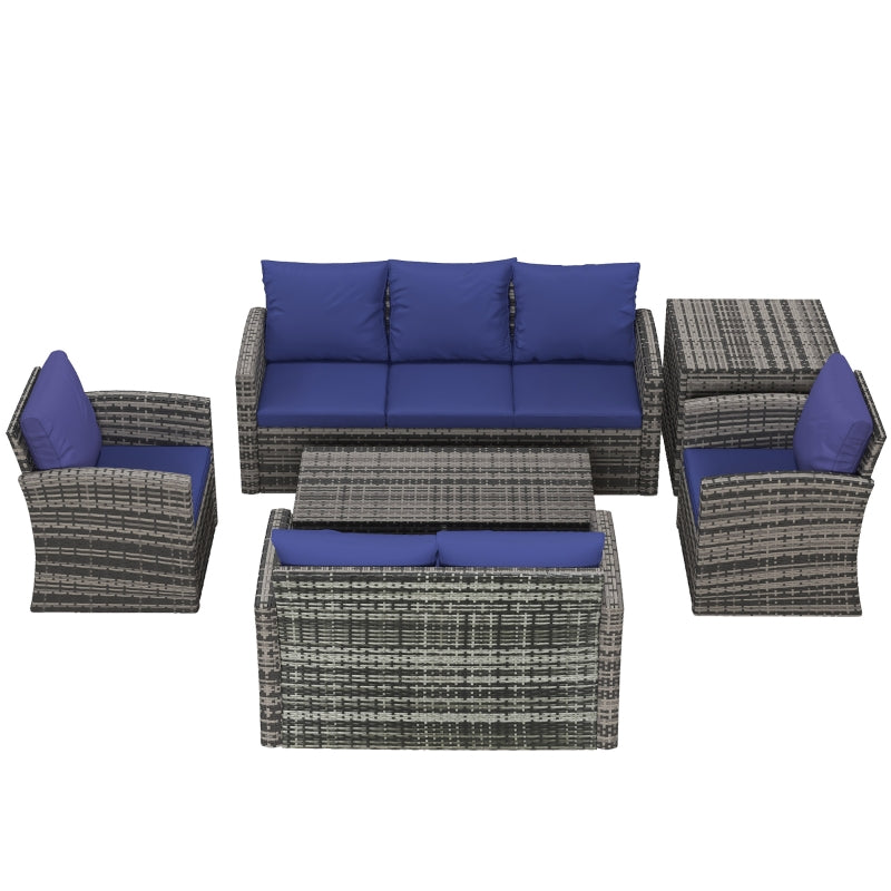 6-Piece Navy Blue Rattan Garden Furniture Set - 7-Seater Wicker Outdoor Sectional Sofa with Cushions & Storage Tea Table