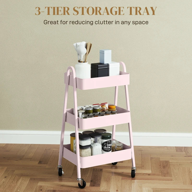 Pink Three-Tier Storage Trolley - Stylish Rolling Cart for Organizing Home, Office, or Kitchen - Versatile and Functional Design