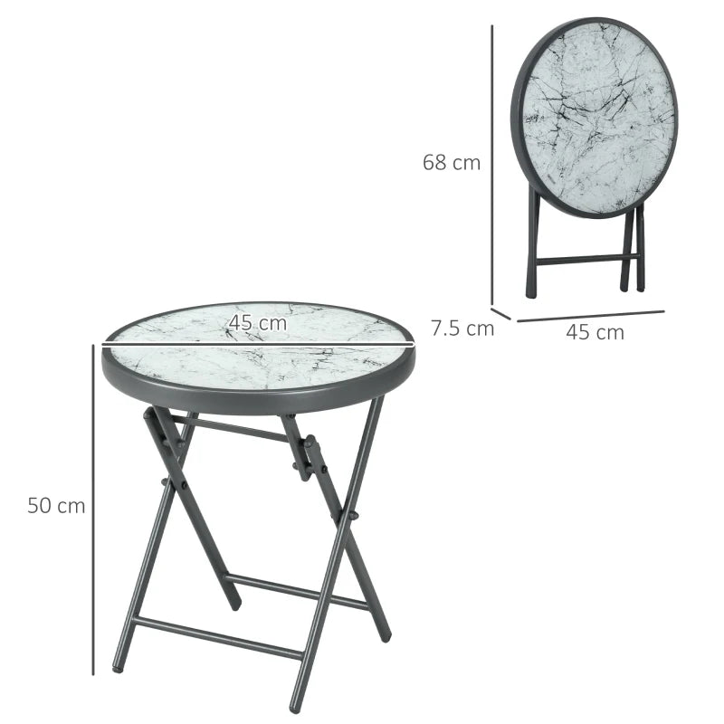 45cm Round Folding Garden Side Table - Outdoor Patio Coffee Table with Imitation Marble Glass Top - White