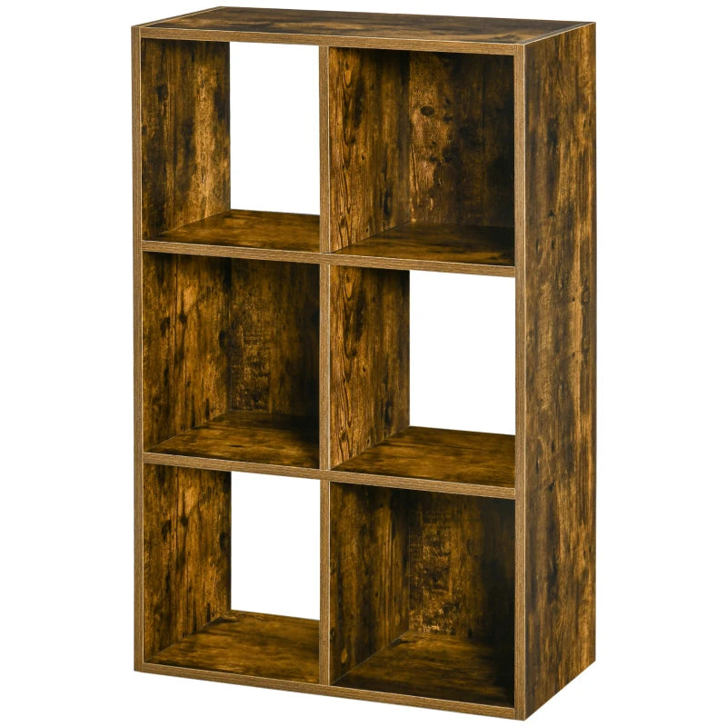 Industrial Style 6-Compartment Storage Shelf - Rustic Brown Freestanding Bookcase for Living Room & Home Study
