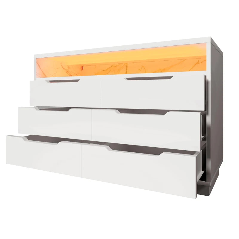 Modern Marbled 6-Drawer Sideboard with RGB LED Lighting - Stylish Storage Cabinet for Living Room & Home Office, 120x40x85 cm, White