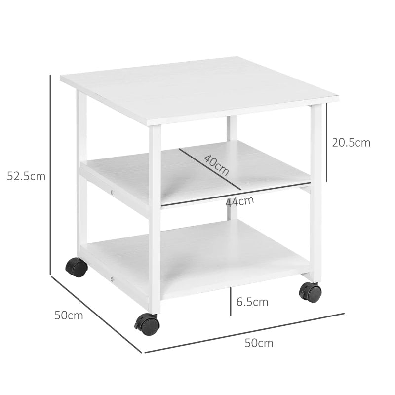 Three-Tier White Steel Printer Stand on Wheels - Mobile Storage Solution for Home Office & Workspace Organization