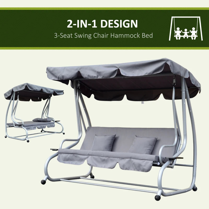 Grey 3 Seater Convertible Garden Swing Bed with Canopy and Cushions