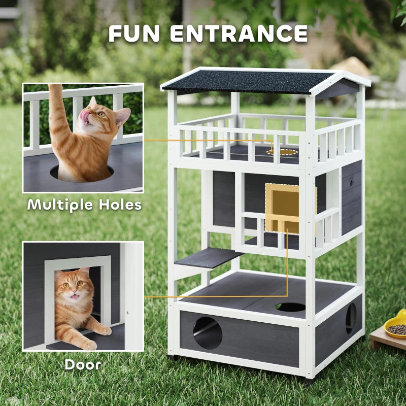 Wooden 3-Tier Outdoor Cat House with Tilted Roof, Terrace, Jump Step, Waterproof Grey Shelter for Cats